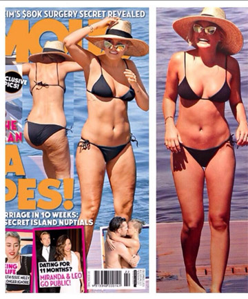 Cellu-lies? Famous magazine's pic on the left shows cellulite. Who magazine's cellulite-free thighs on the right. Who's been photoshopping?
